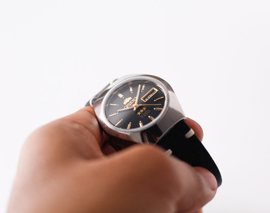 [Serviced] 1970s Orient Crystal Automatic Matte Black Dial Men's Wrist-Watch