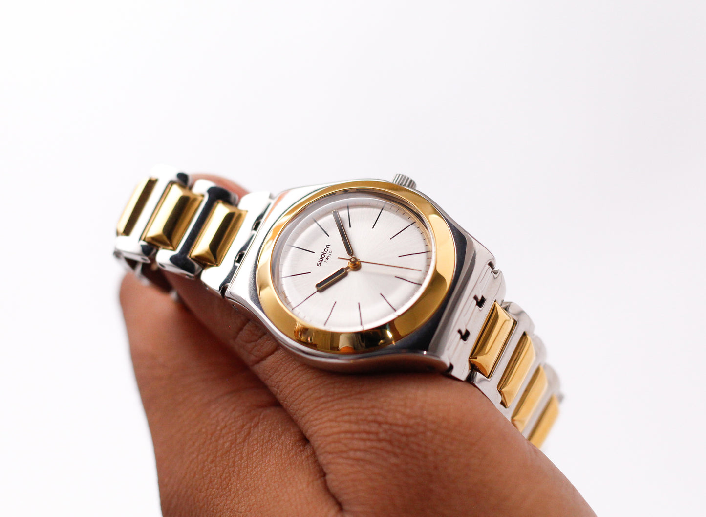 [Near Mint] 2000s Swatch Irony Silver Sunburst Dial Two Tone Case Men's Wrist-Watch