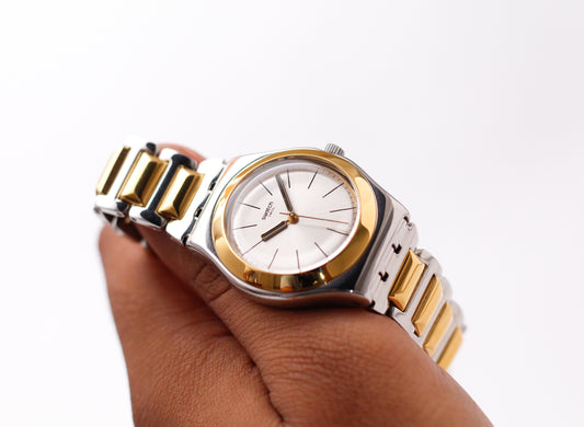 [Near Mint] 2000s Swatch Irony Silver Sunburst Dial Two Tone Case Men's Wrist-Watch