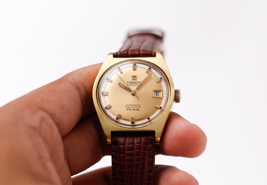 [Serviced] 1970s Tissot PR-516 Golden Sunburst Dial Men's Wrist-Watch