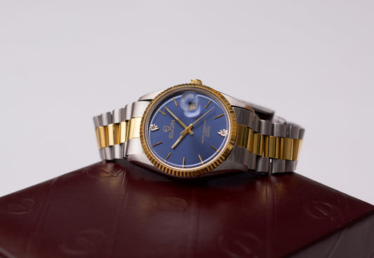 [Near Mint] 1990s Elgin 'Baby Day-Date' Marine Blue Sunburst Dial W/Box & Papers