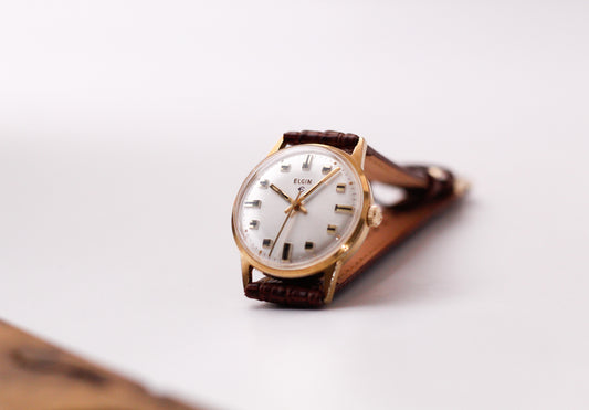 [Serviced] 1970s Elgin Mechanical Silver Sunburst Dial Men's Wrist-Watch