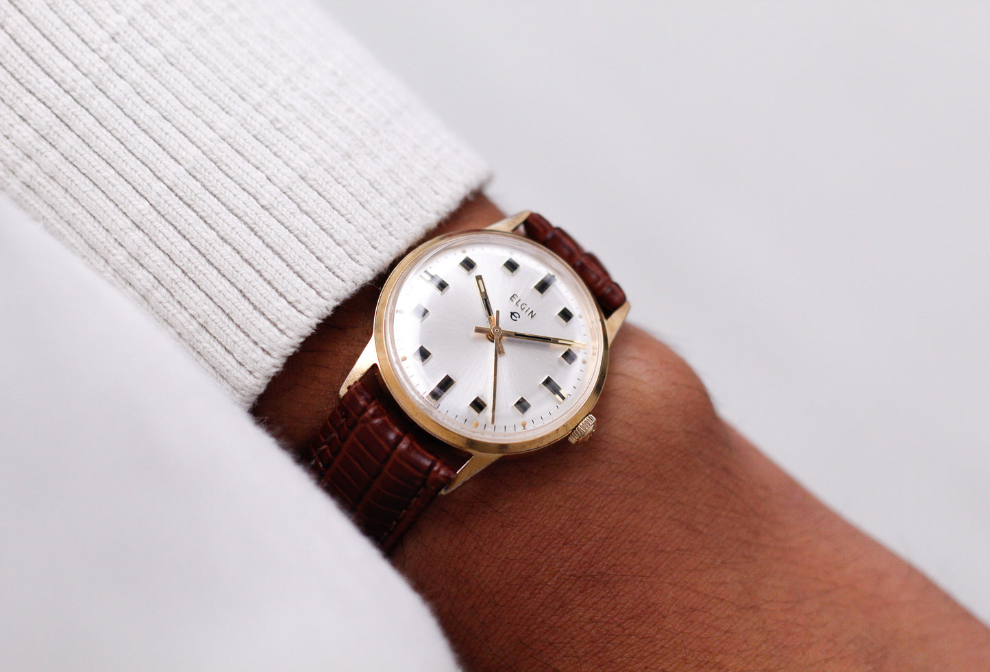 [Serviced] 1970s Elgin Mechanical Silver Sunburst Dial Men's Wrist-Watch