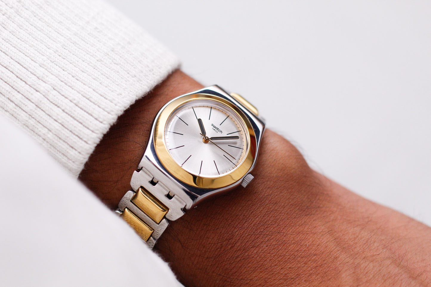 [Near Mint] 2000s Swatch Irony Silver Sunburst Dial Two Tone Case Men's Wrist-Watch