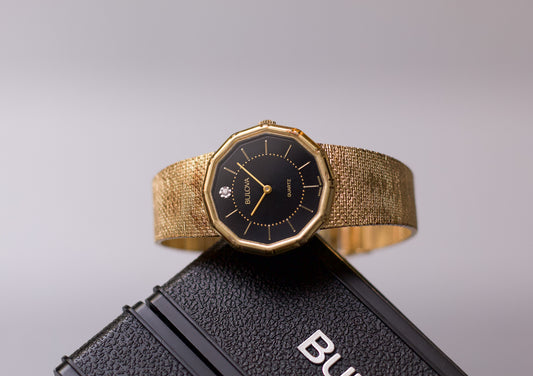 1980s Bulova Quartz Inky Black Dial Men's Wrist-Watch W/Box