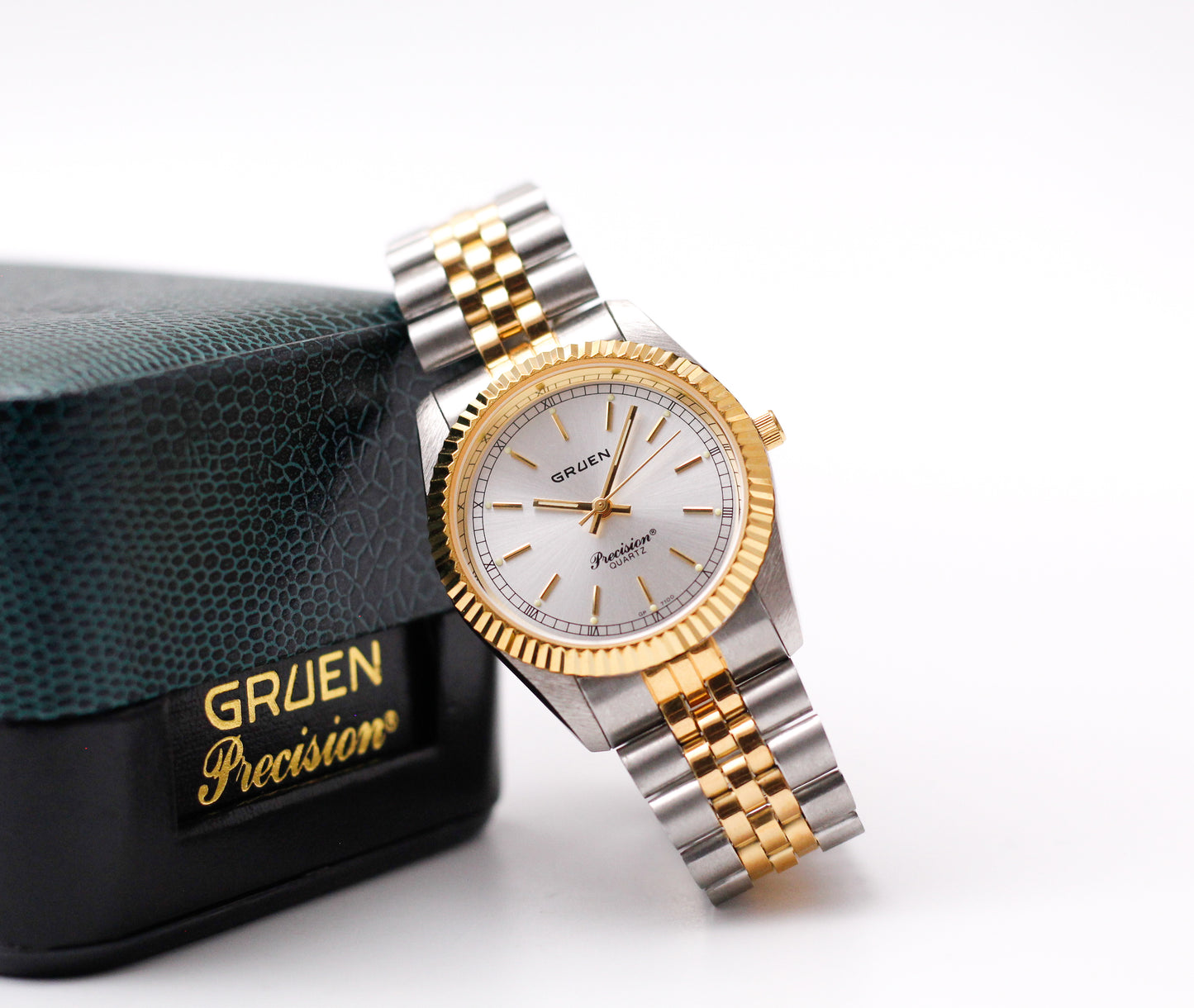 [Mint] 1990s Gruen Precision Quartz Silver Sunburst Dial Two Tone Case Men's Wrist-Watch W/Box & Papers