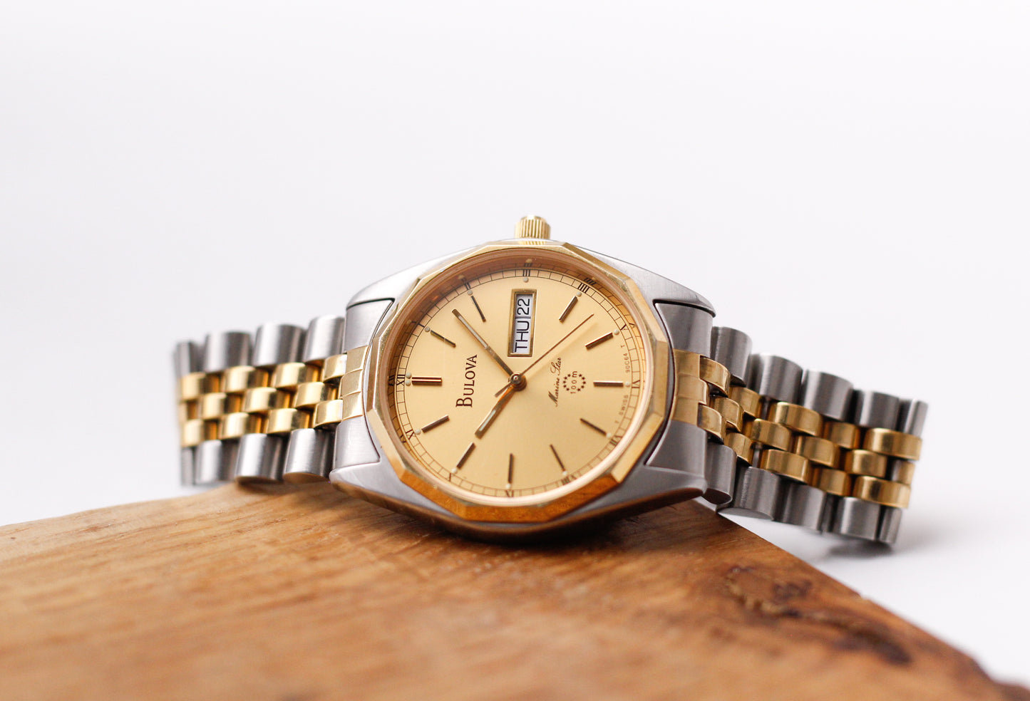 1990s Bulova Marine Stark Golden Sunburst Dial Two Tone Case Men's Wrist-Watch