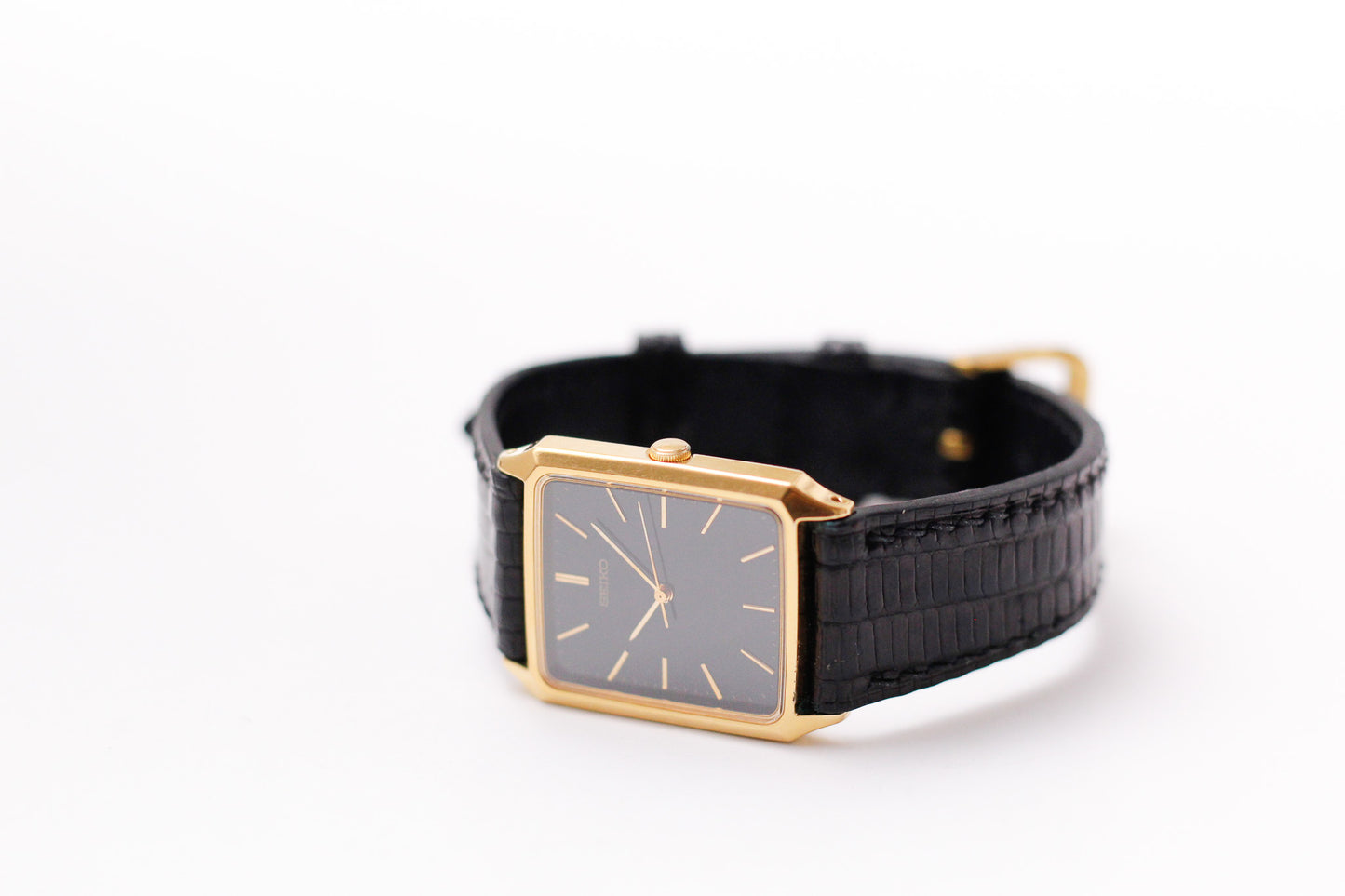 1990 Seiko Quartz Inky Black Dial Golden Tank Men's Wrist-Watch