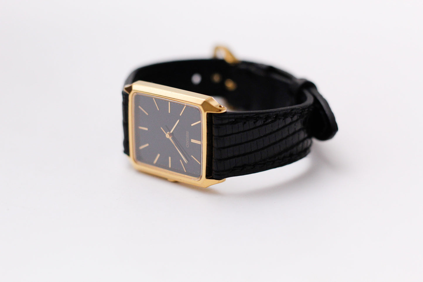1990 Seiko Quartz Inky Black Dial Golden Tank Men's Wrist-Watch