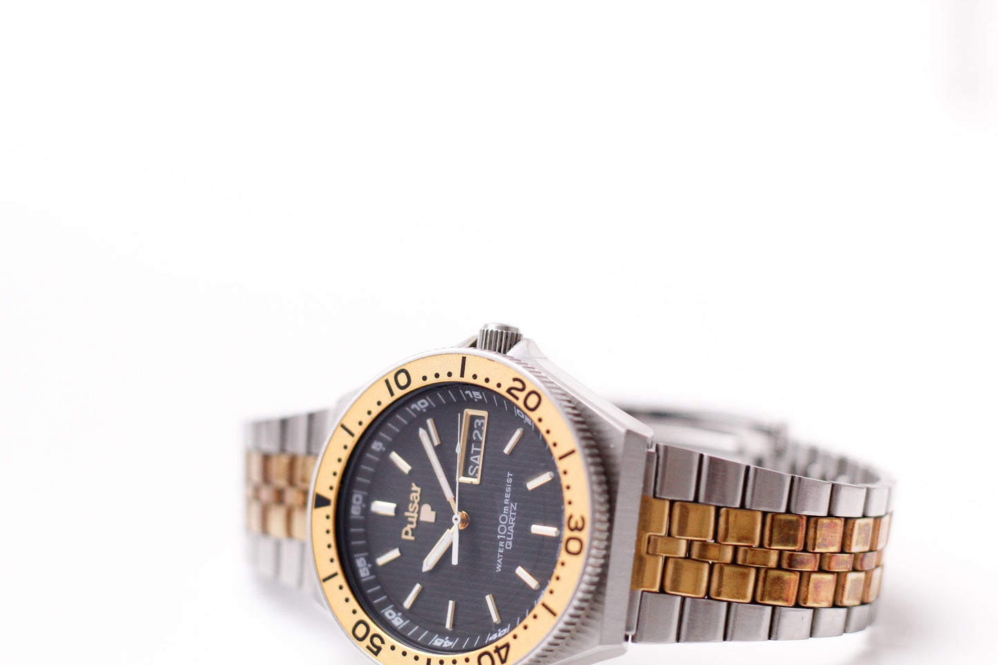 1981 Pulsar Quartz Linear Charcoal Dial Two Tone Case Men's Wrist-Watch