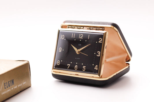1960s Elgin Mechanical Travel Alarm Clock W/Box