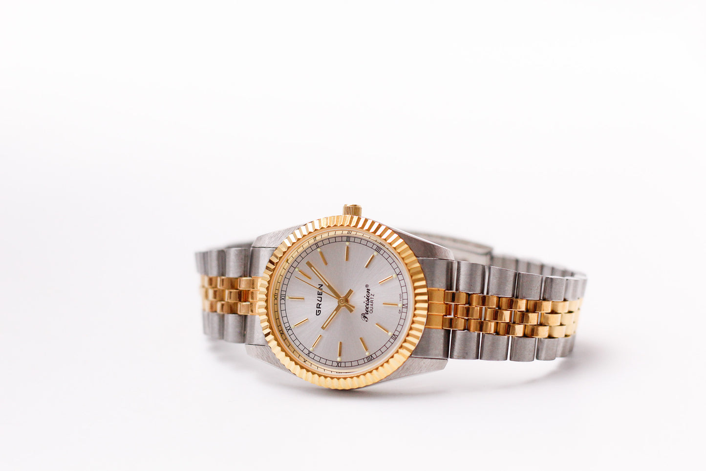 [Mint] 1990s Gruen Precision Quartz Silver Sunburst Dial Two Tone Case Men's Wrist-Watch W/Box & Papers