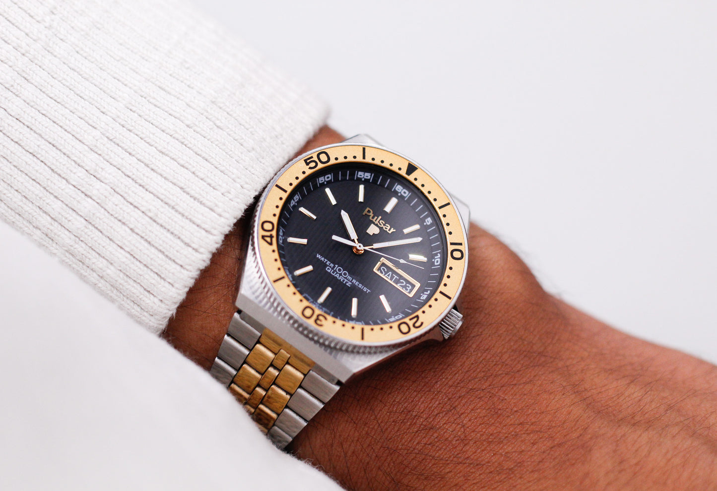 1981 Pulsar Quartz Linear Charcoal Dial Two Tone Case Men's Wrist-Watch