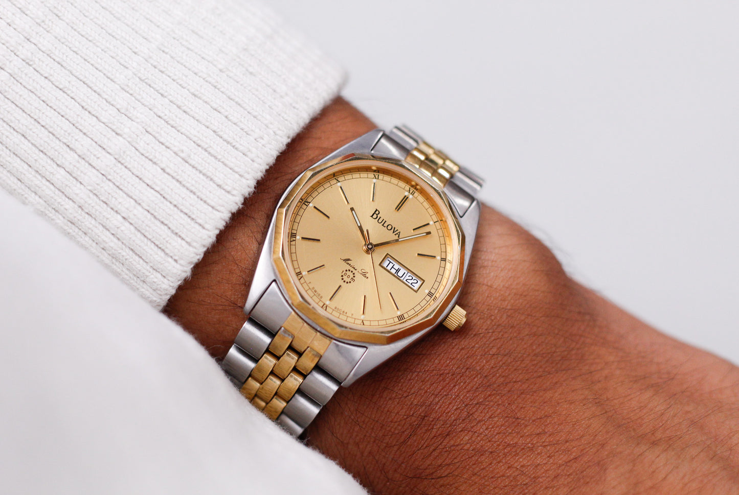 1990s Bulova Marine Stark Golden Sunburst Dial Two Tone Case Men's Wrist-Watch
