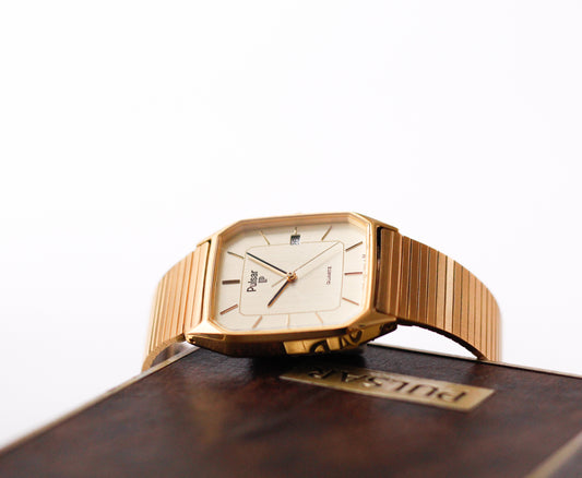 1995 Pulsar Quartz Straight Grain Golden Dial Men's Wrist-Watch W/Box & Papers