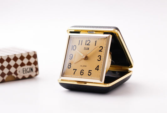 1960s Elgin Mechanical Golden Dial Travel Alarm Clock W/Box