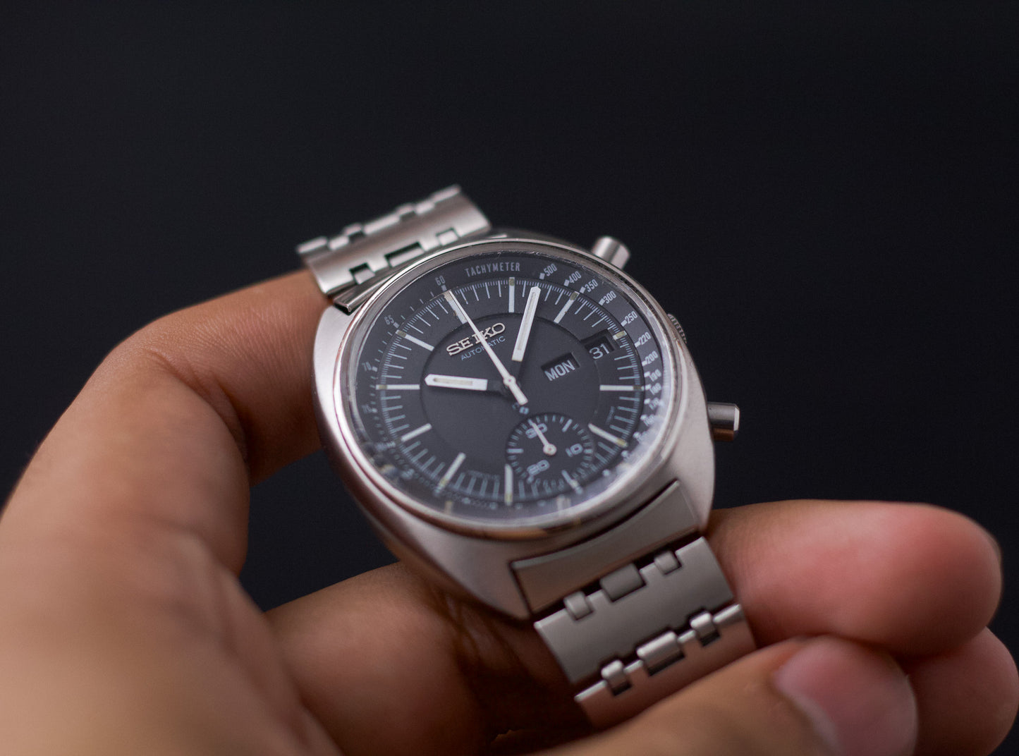 [Serviced] 1972 Seiko Automatic Chronograph 'Baby Speedmaster' Matte Black Dial Men's Wrist-Watch