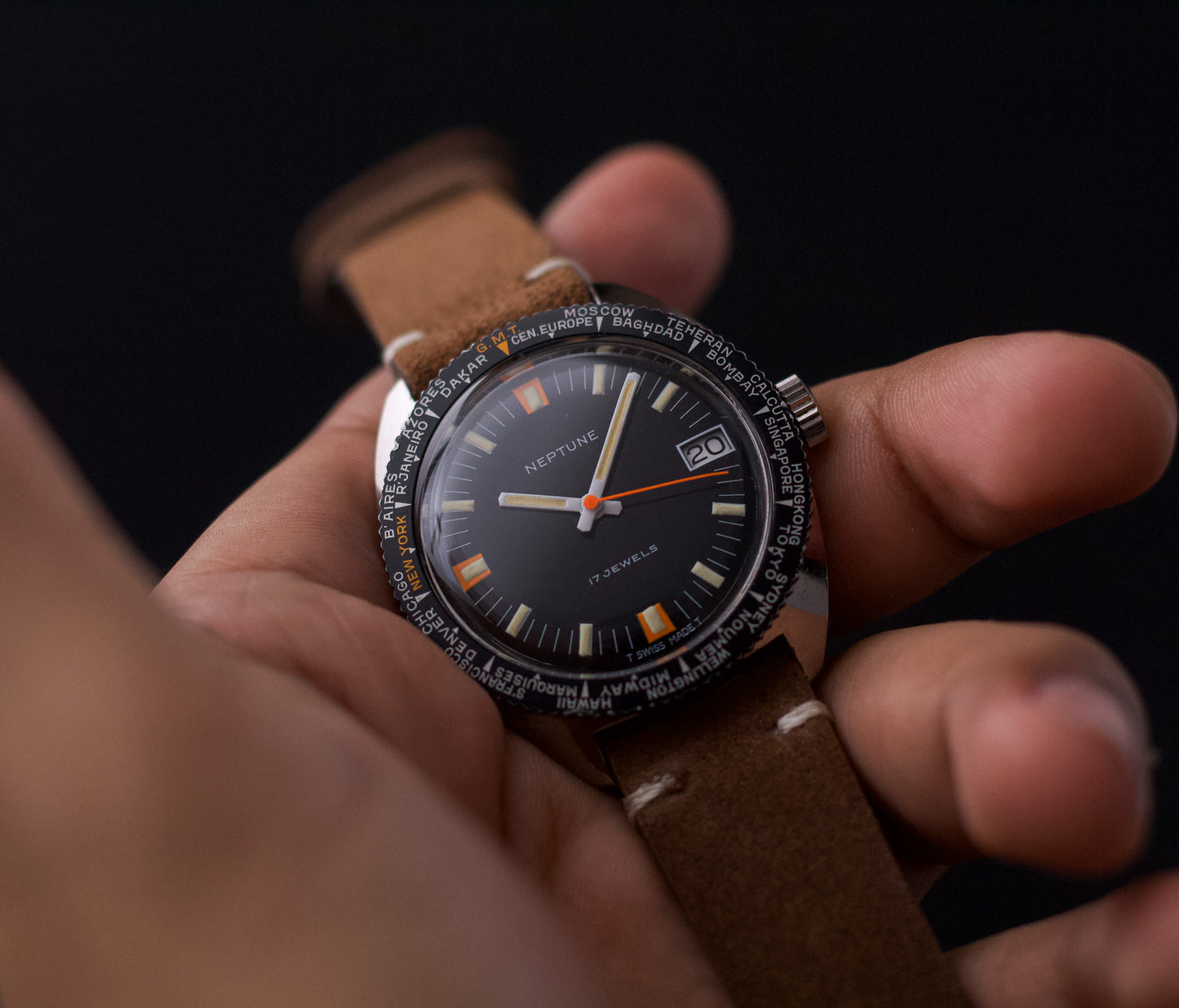 [Serviced] 1960s Neptune World Timer Mechanical Inky Black Dial Men's Wrist-Watch