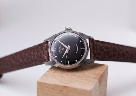 [Serviced] 1950s Elgin Shockmaster Automatic Inky Black Dial Men's Wrist-Watch