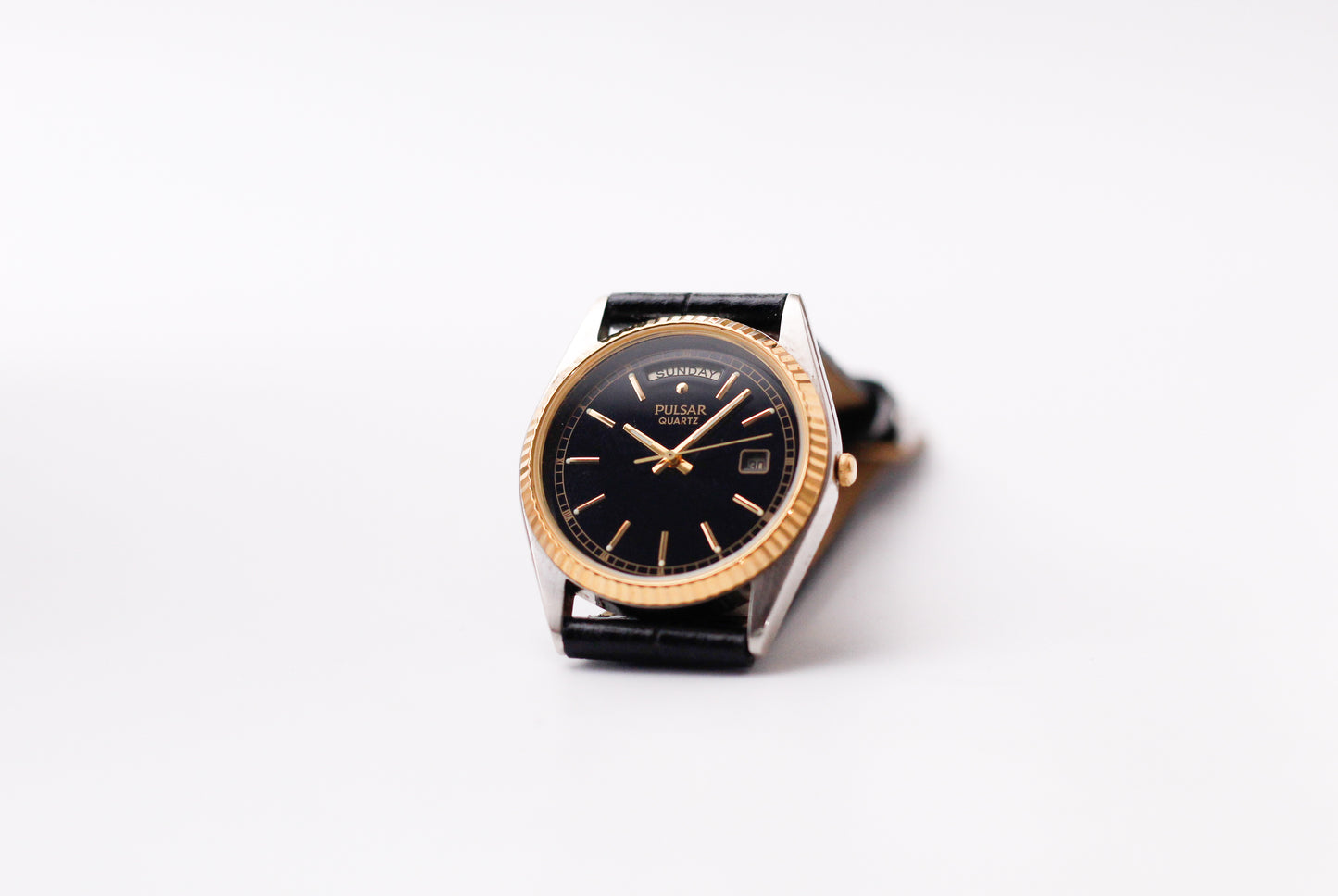 2005 Pulsar Quartz 'Baby Presidential' Inky Black Dial Two Tone Men's Wrist-Watch