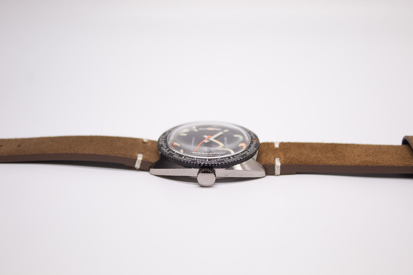 [Serviced] 1960s Neptune World Timer Mechanical Inky Black Dial Men's Wrist-Watch