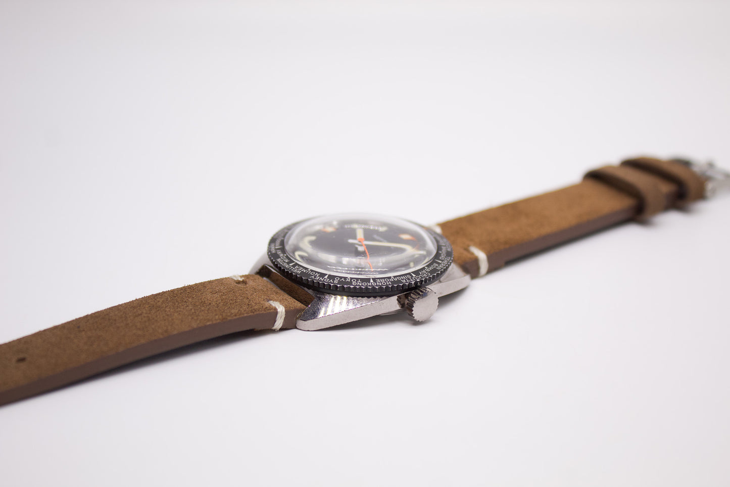 [Serviced] 1960s Neptune World Timer Mechanical Inky Black Dial Men's Wrist-Watch