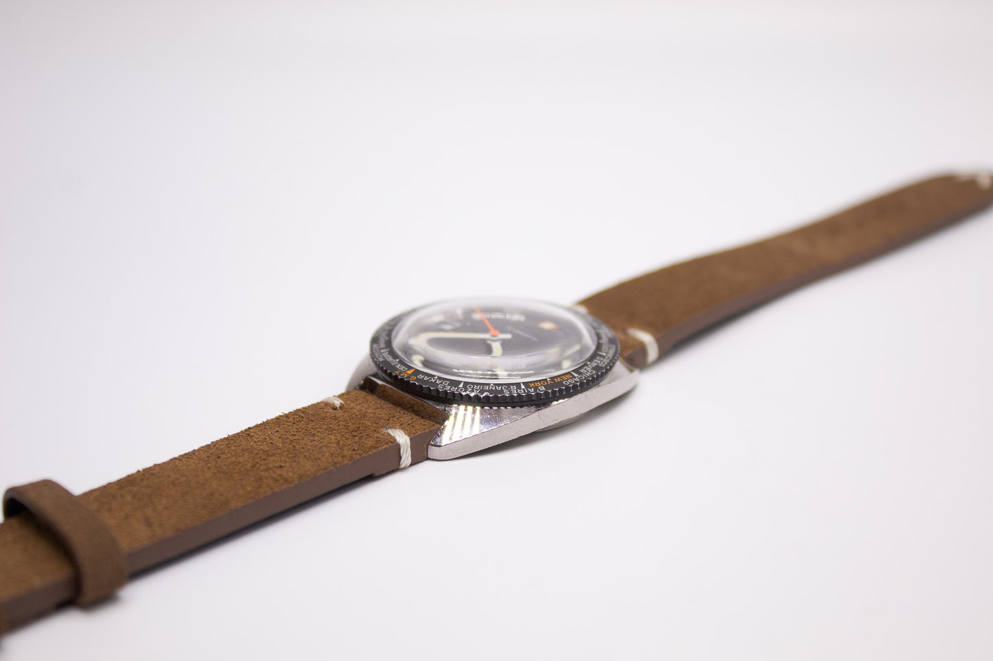 [Serviced] 1960s Neptune World Timer Mechanical Inky Black Dial Men's Wrist-Watch