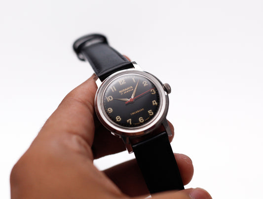 [Serviced] 1950s Rodania Mechanical Inky Black Military Style Dial Men's Wrist-Watch