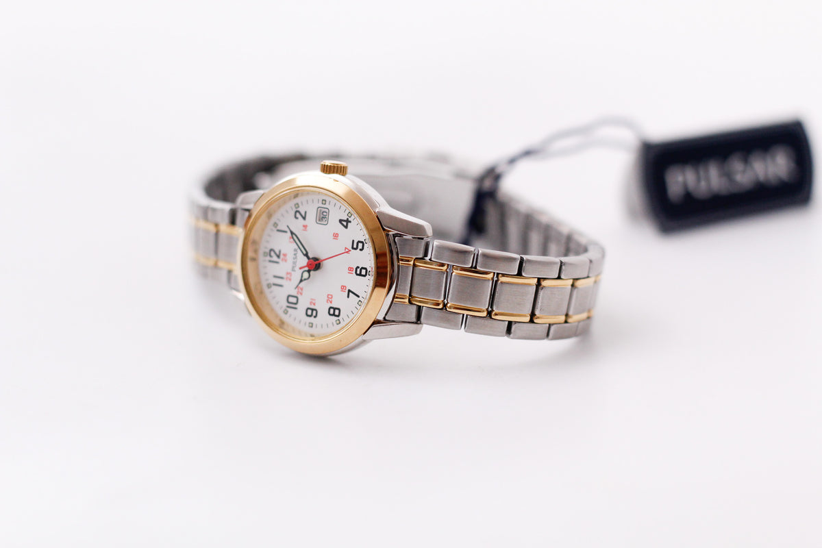 [Mint] 1995 Pulsar Quartz Railroad Dial Two Tone Case Ladies' Wrist Watch