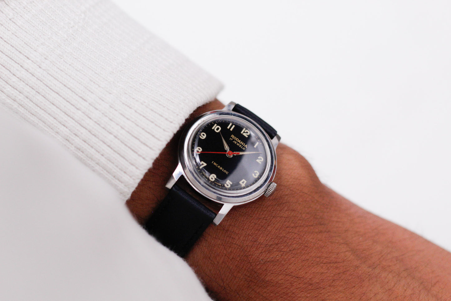 [Serviced] 1950s Rodania Mechanical Inky Black Military Style Dial Men's Wrist-Watch