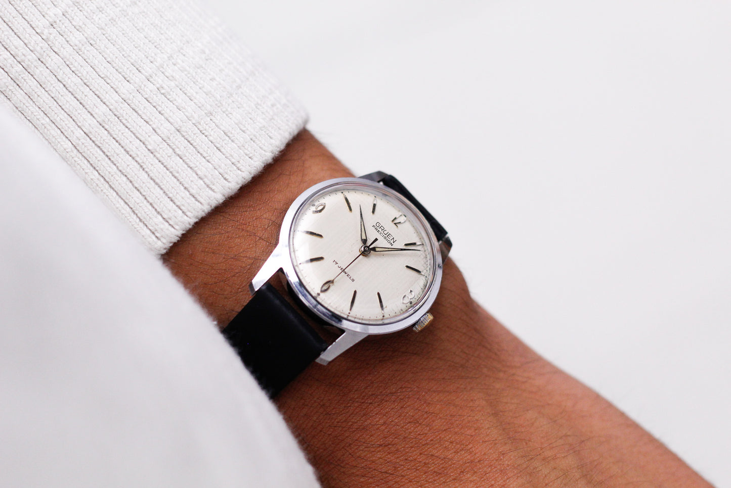 [Serviced] 1960s Gruen Precision Mechanical White Linen Dial Men's Wrist-Watch