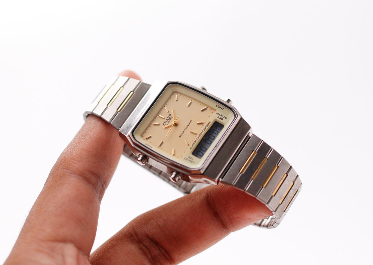 1990s Sharp Quartz Ana-Digit Golden Dial Two Tone Case Men's Wrist-Watch