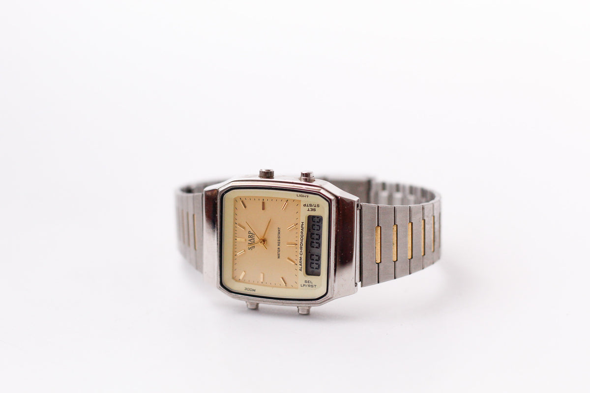 1990s Sharp Quartz Ana-Digit Golden Dial Two Tone Case Men's Wrist-Watch