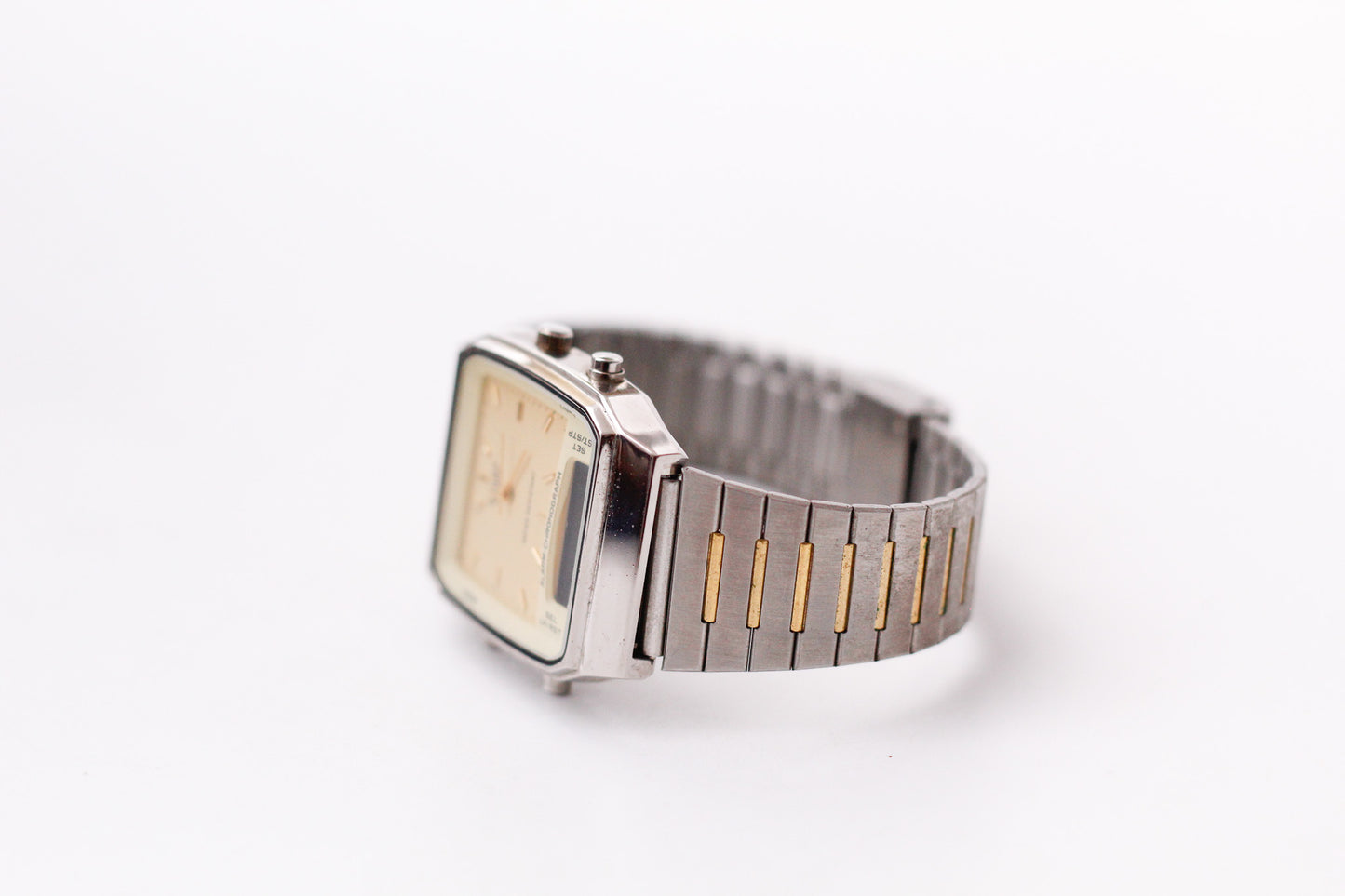1990s Sharp Quartz Ana-Digit Golden Dial Two Tone Case Men's Wrist-Watch