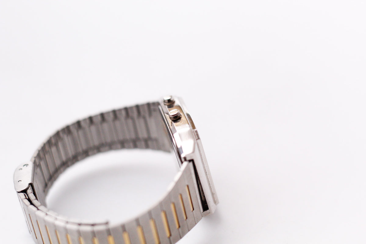 1990s Sharp Quartz Ana-Digit Golden Dial Two Tone Case Men's Wrist-Watch
