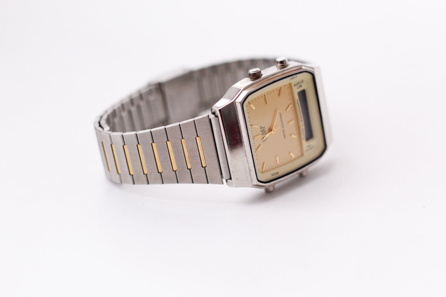 1990s Sharp Quartz Ana-Digit Golden Dial Two Tone Case Men's Wrist-Watch