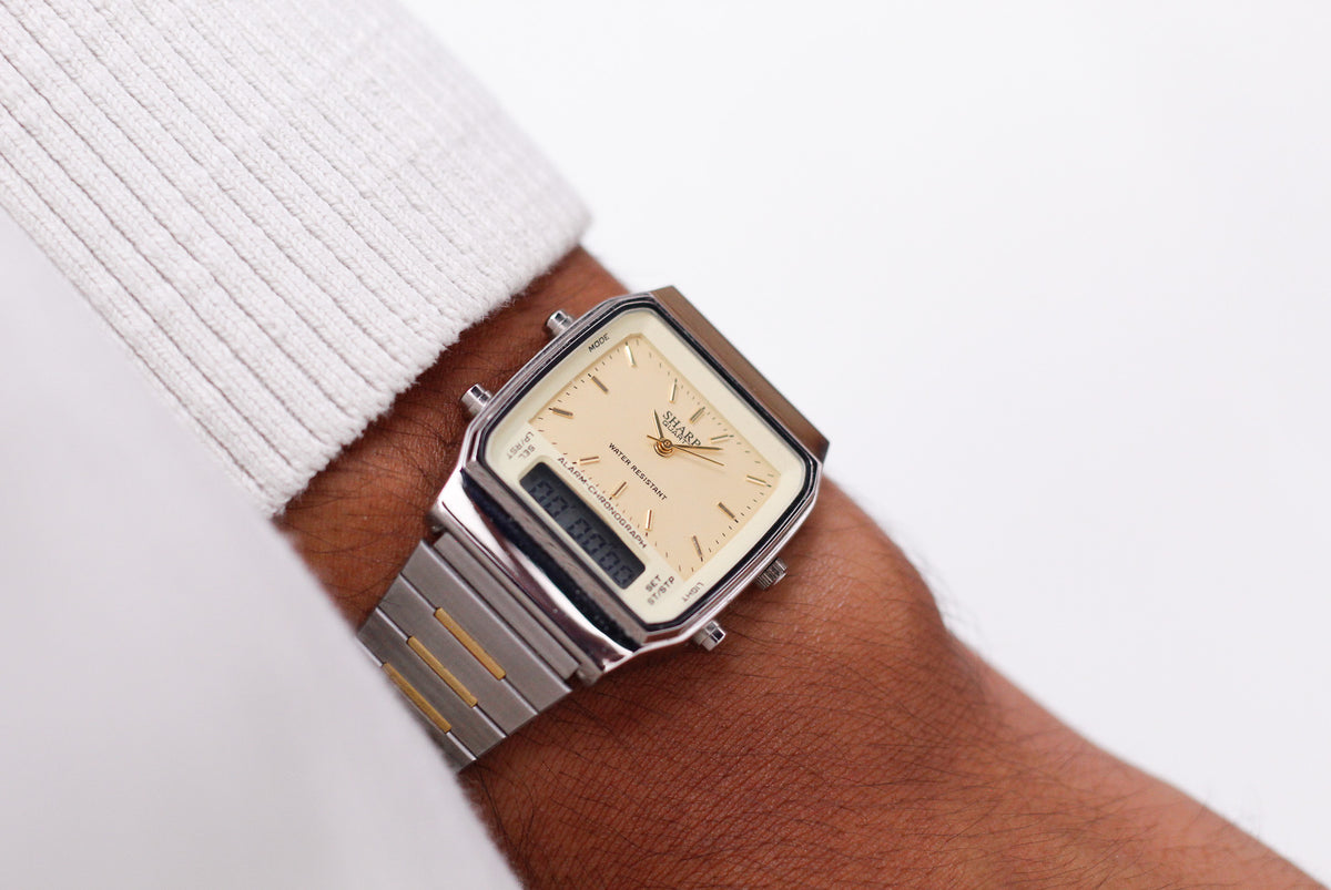 1990s Sharp Quartz Ana-Digit Golden Dial Two Tone Case Men's Wrist-Watch