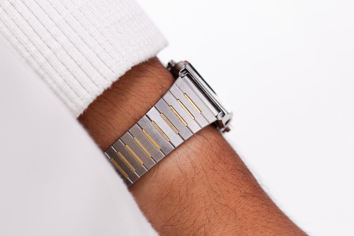 1990s Sharp Quartz Ana-Digit Golden Dial Two Tone Case Men's Wrist-Watch