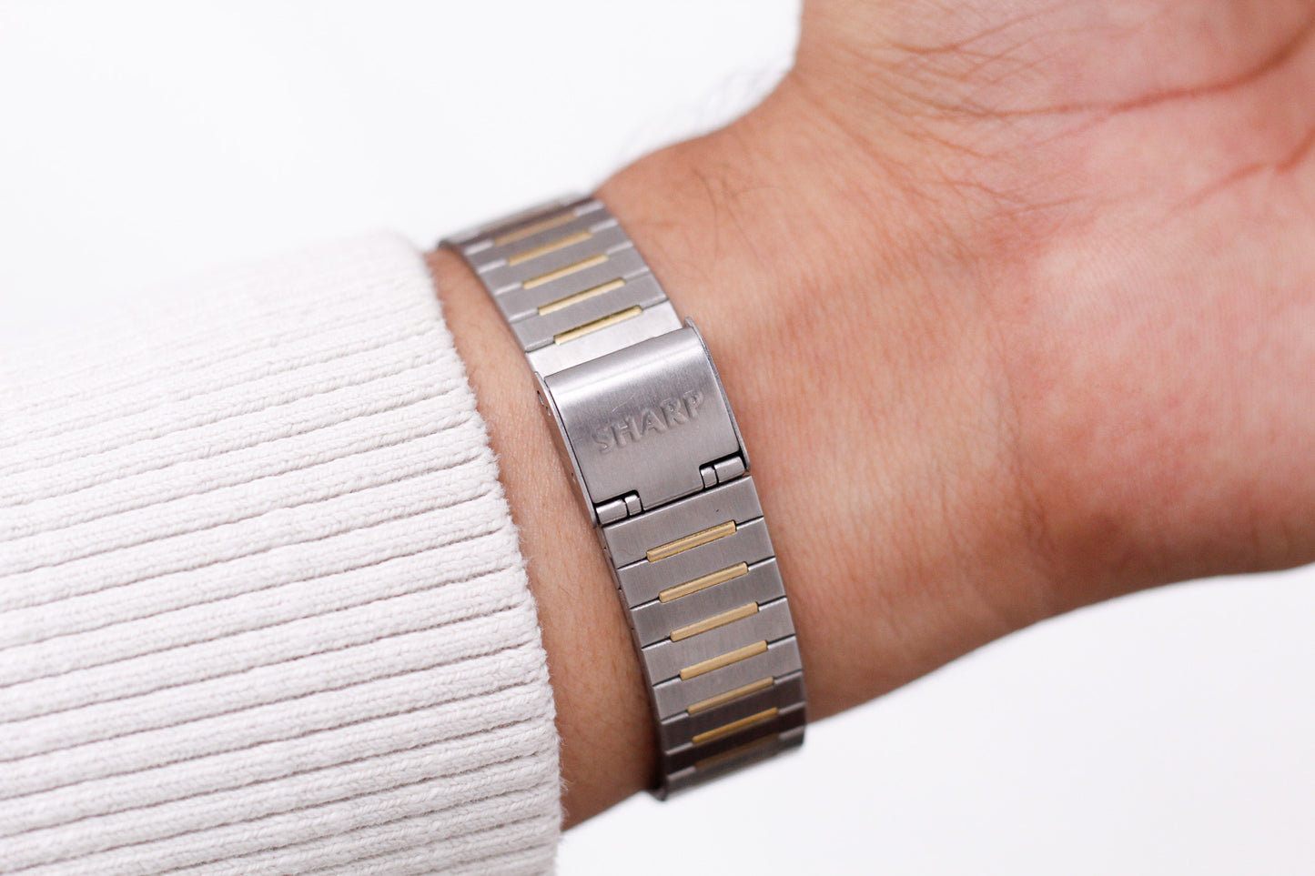 1990s Sharp Quartz Ana-Digit Golden Dial Two Tone Case Men's Wrist-Watch
