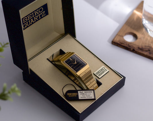 Near Mint 1990 Seiko Golden Tank Deep Black Dial Men's Wrist-Watch W/Box