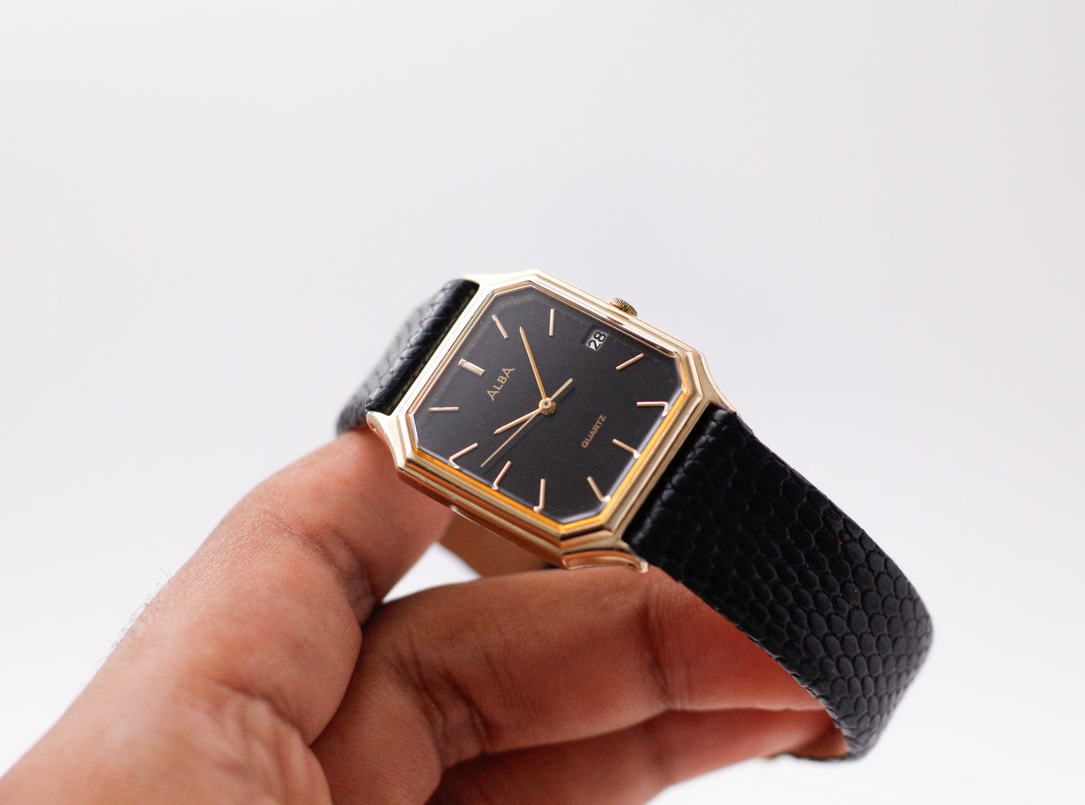 1990s Lorus Quartz Inky Black Dial Tank Men's Wrist-Watch