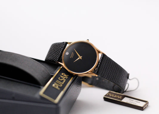[Near Mint] 1997 Pulsar Quartz Inky Black Gemstone Dial Men's Wrist-Watch W/Box & Tag
