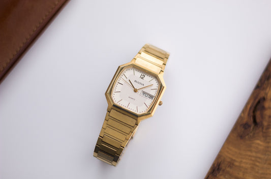 1980s Bulova Quartz Cream Gold Dial Men's Sports Wrist-Watch