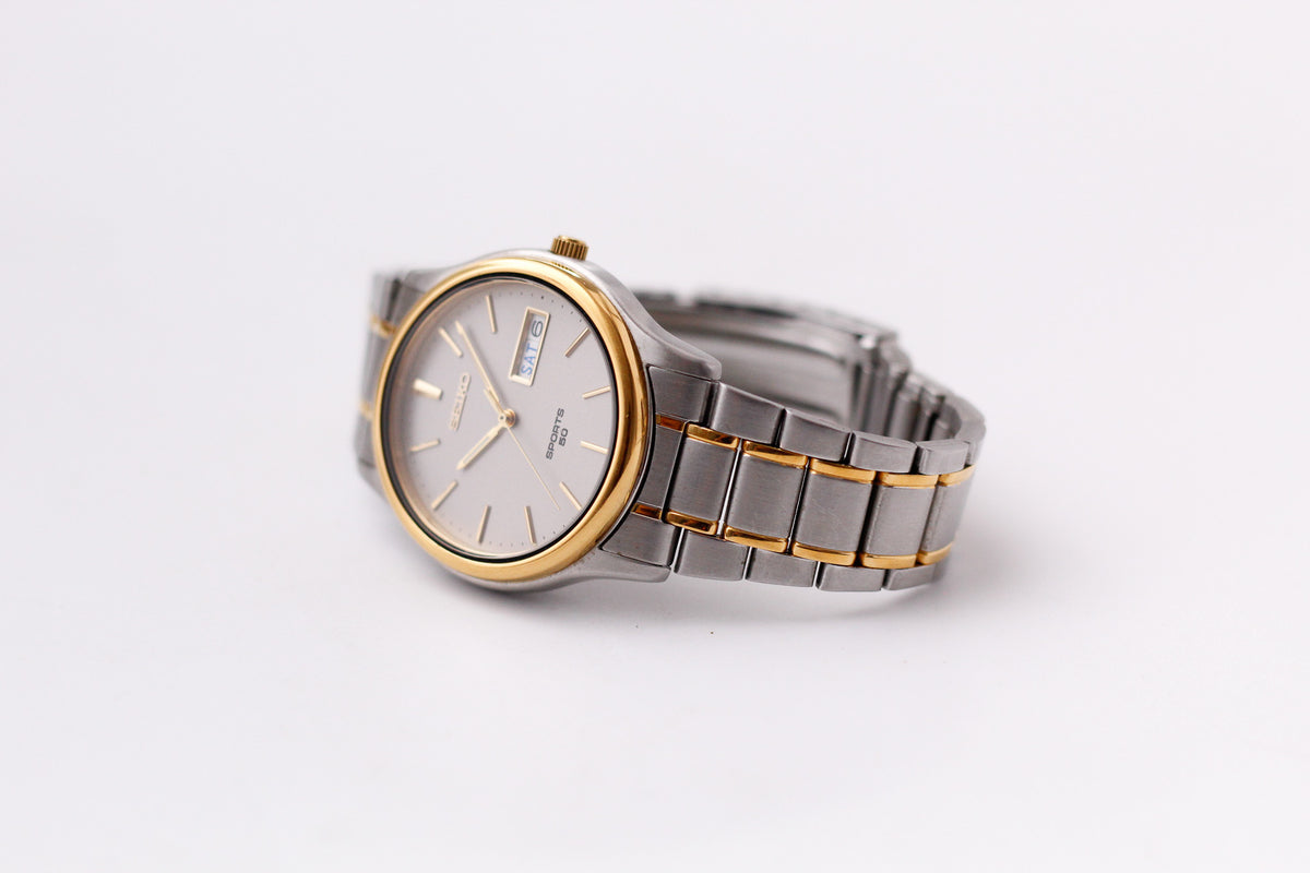1995 Seiko Quartz Sports 50 Straight Grain Gray Dial Two Tone Case Men's Wrist-Watch