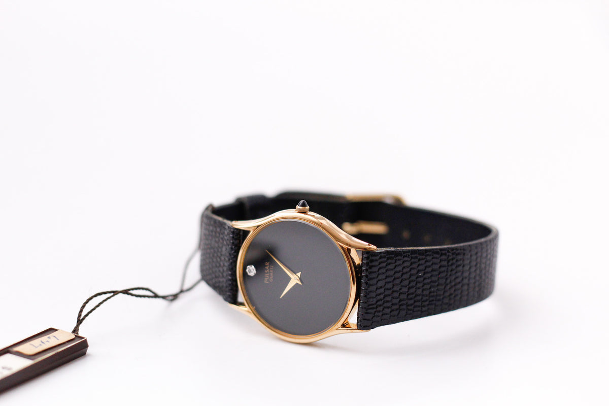 [Near Mint] 1997 Pulsar Quartz Inky Black Gemstone Dial Men's Wrist-Watch W/Box & Tag