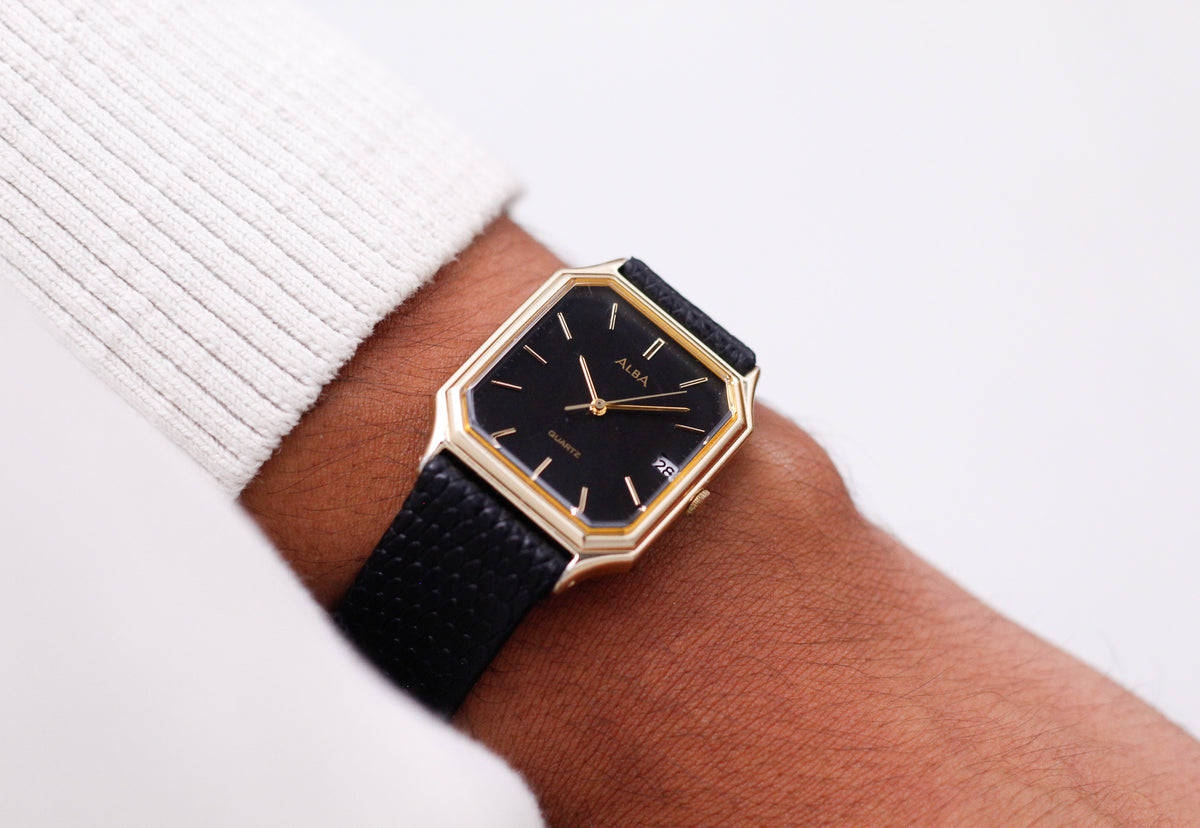 1990s Lorus Quartz Inky Black Dial Tank Men's Wrist-Watch