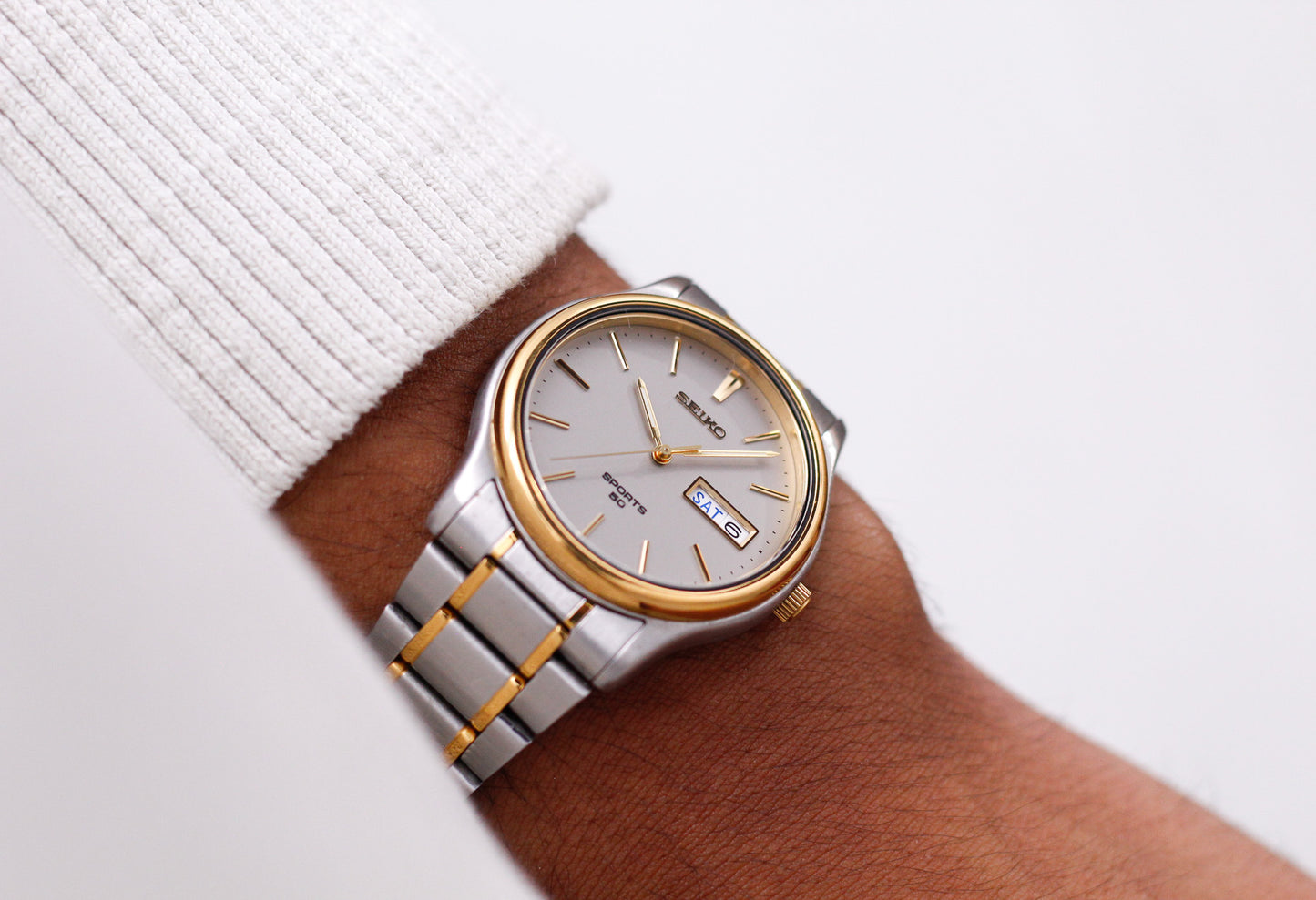 1995 Seiko Quartz Sports 50 Straight Grain Gray Dial Two Tone Case Men's Wrist-Watch