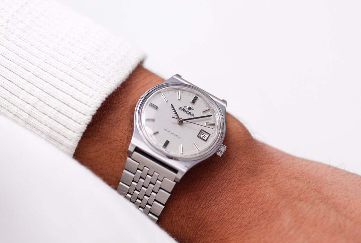 [Serviced] 1970s Enicar Straight Grain Silver Dial Automatic Men's Wrist-Watch