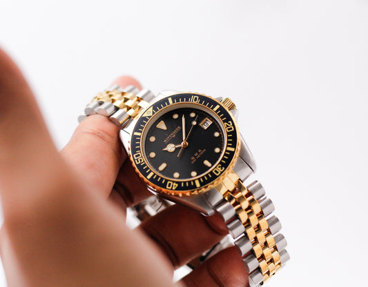 1990s Wittnauer Quartz Matte Black Dial Two Tone Baby Submariner Men's Wrist-Watch