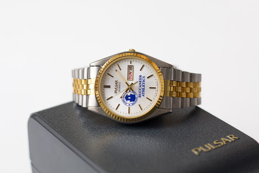 2004 Pulsar Quartz Silver Sunburst Dial Custom Logo Men's Two Tone Wrist-Watch W/Box